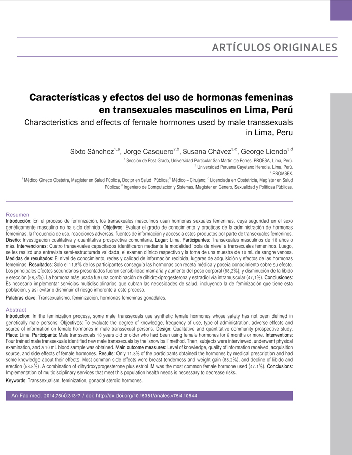 Características y efectos del uso de hormonas femeninas en transexuales masculinos en Lima, Perú  width=