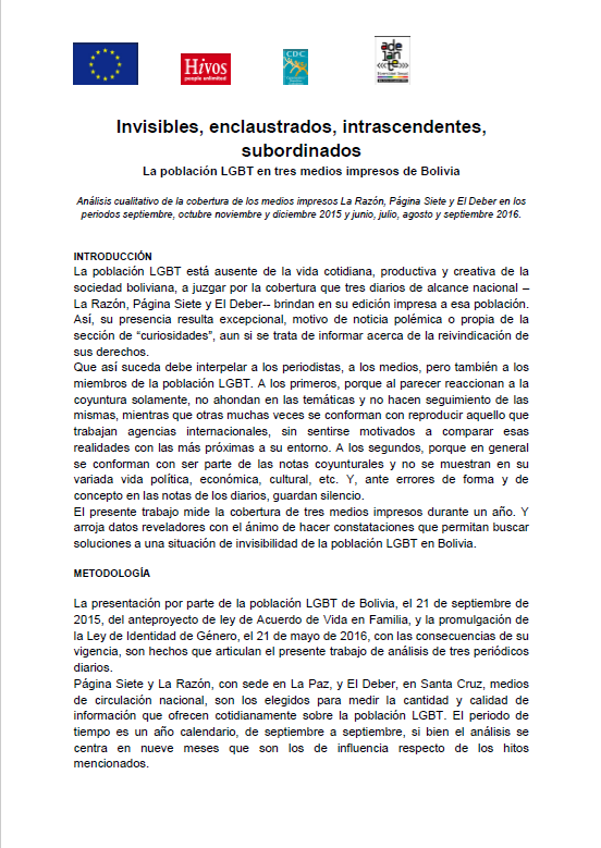 Invisibles, enclaustrados, intrascendentes, subordinados La población LGBT en tres medios impresos de Bolivia  width=